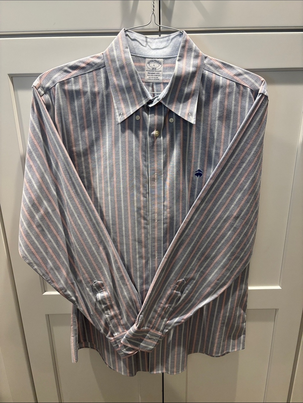 Brooks Brothers Men’s Striped Dress Shirt – Blue & Red. Size L